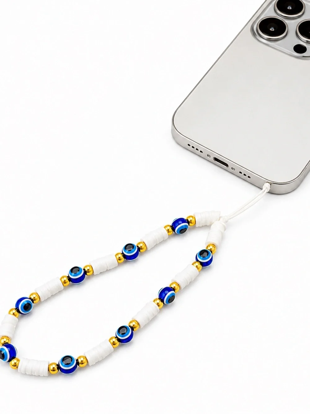 Evil Eye 🧿 Blue Beaded Phone Charm Wrist Strap White Gold Beads